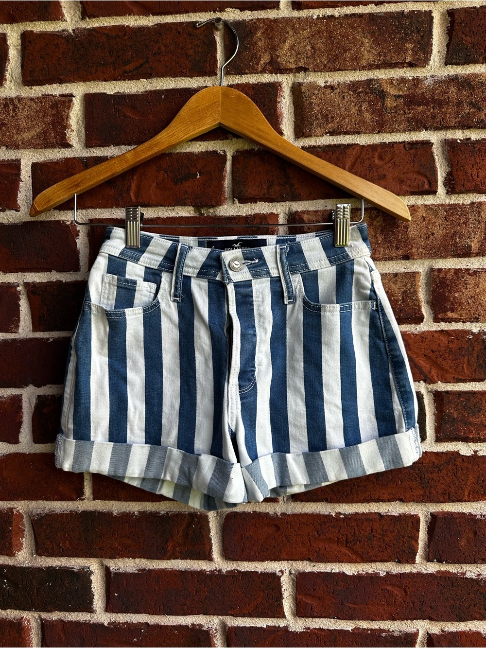 Hollister Navy and White Striped Jean Shorts